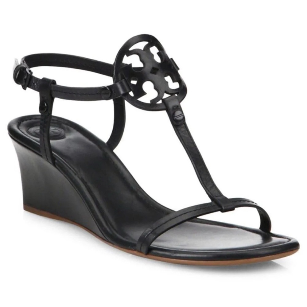 Tory Burch Black T-Strap Sandals with Wedge Heel and Medallion